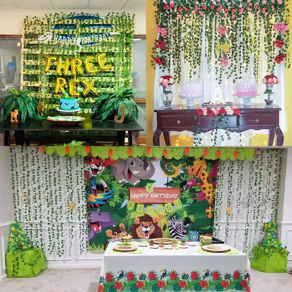 カートゥーンの動物と「HAPPY BIRTHDAY THREE REX」サインを備えた、グリーンの人工アイビーガーランド（つる植物の吊り下げタイプ）2mによるジャングル風の誕生日パーティー用背景。