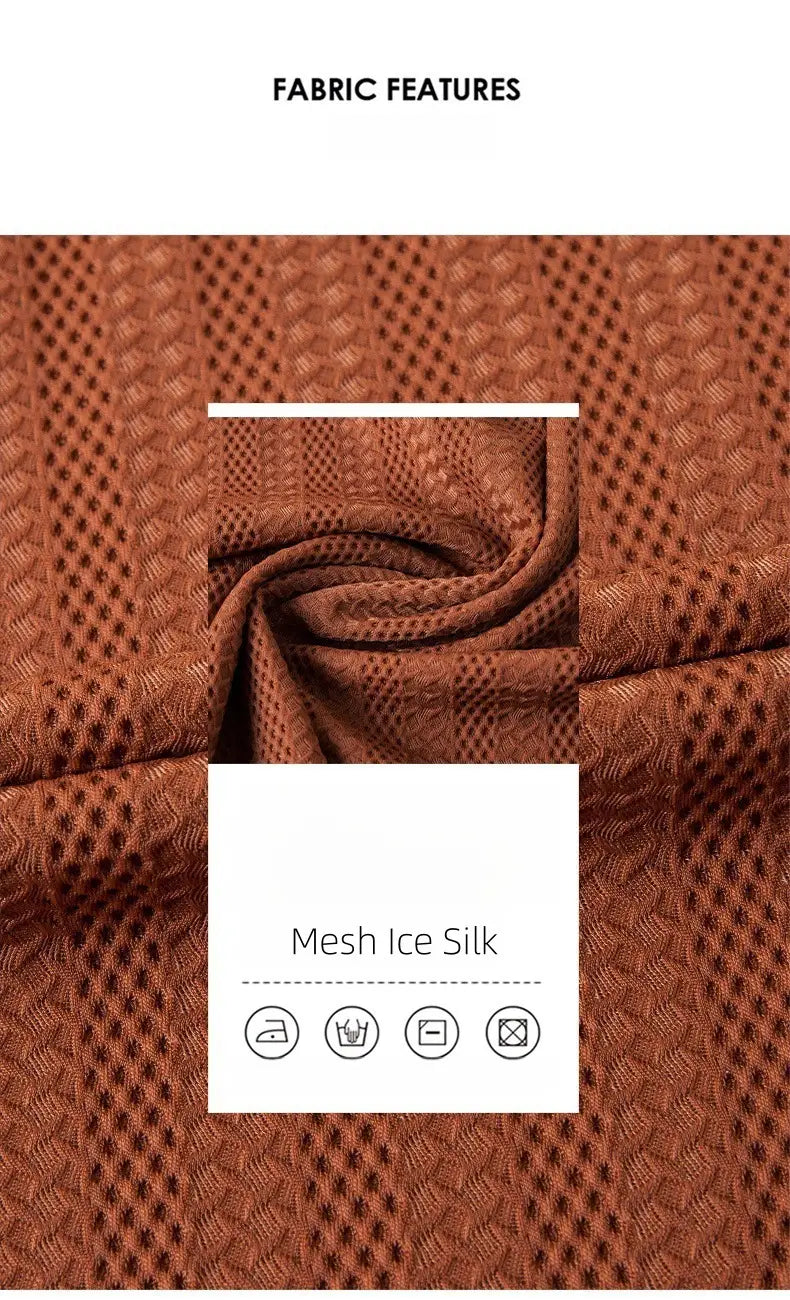 brown mesh ice silk fabric with a textured breathable weave featured in the men’s textured ice silk contrast trim polo shirt