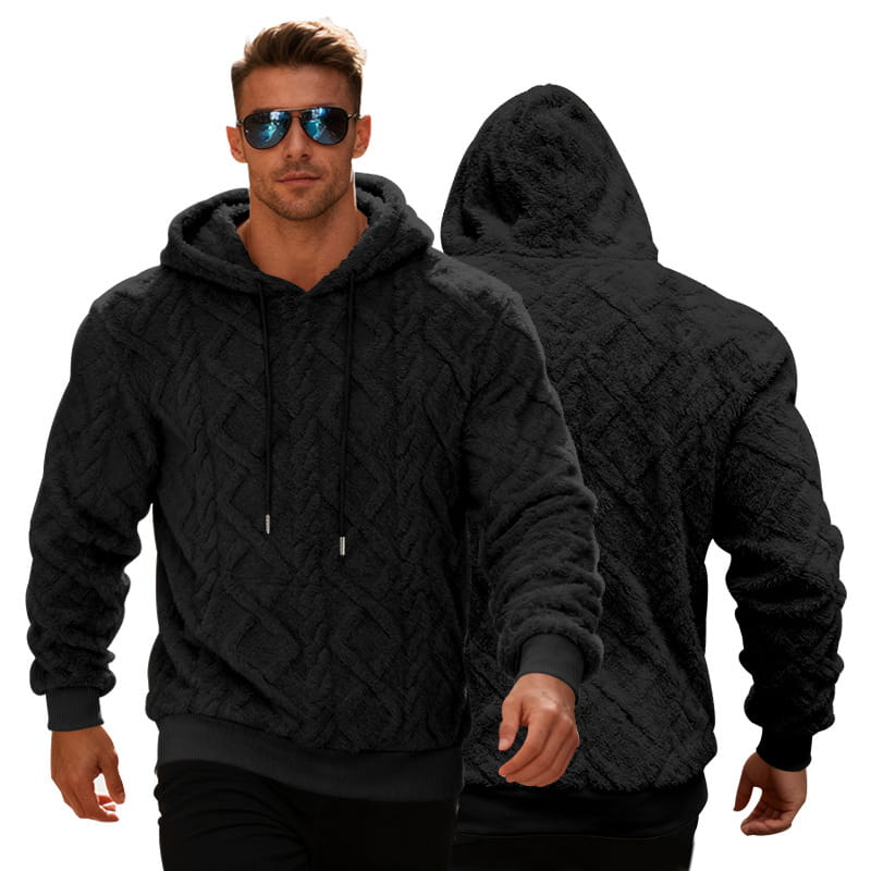 Black textured knit hoodie with plush fleece lining and drawstring hood for men
