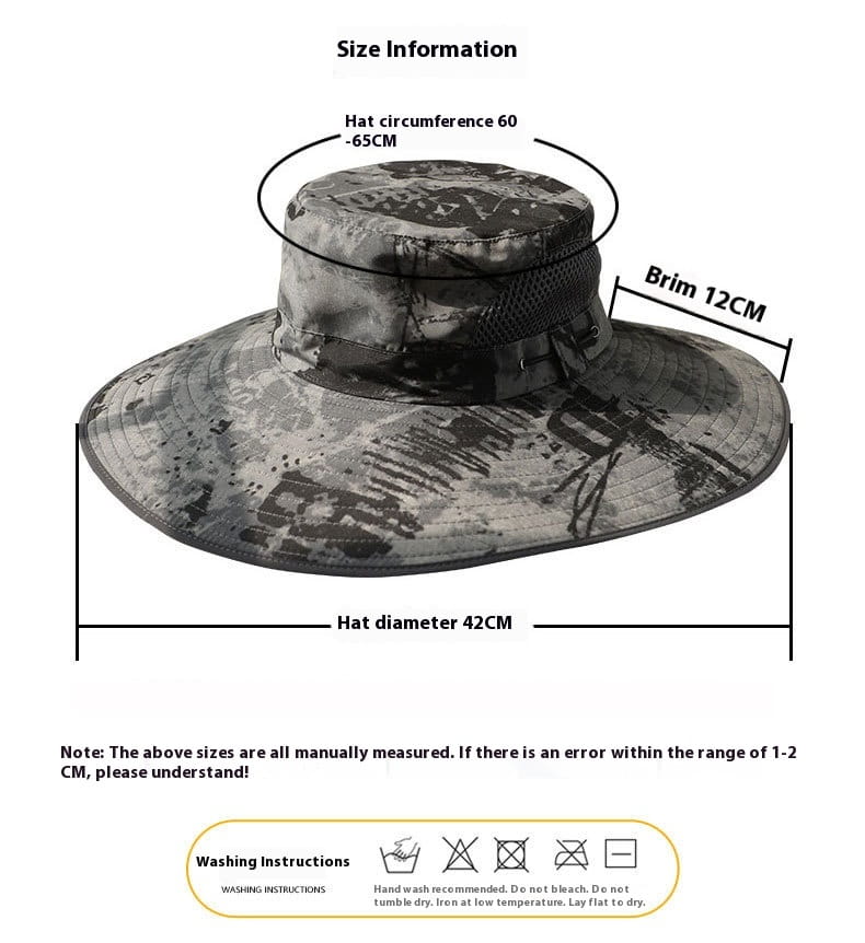 A wide-brimmed camouflage solar fan bucket hat made of breathable mesh with an adjustable strap designed for outdoor sun protection.