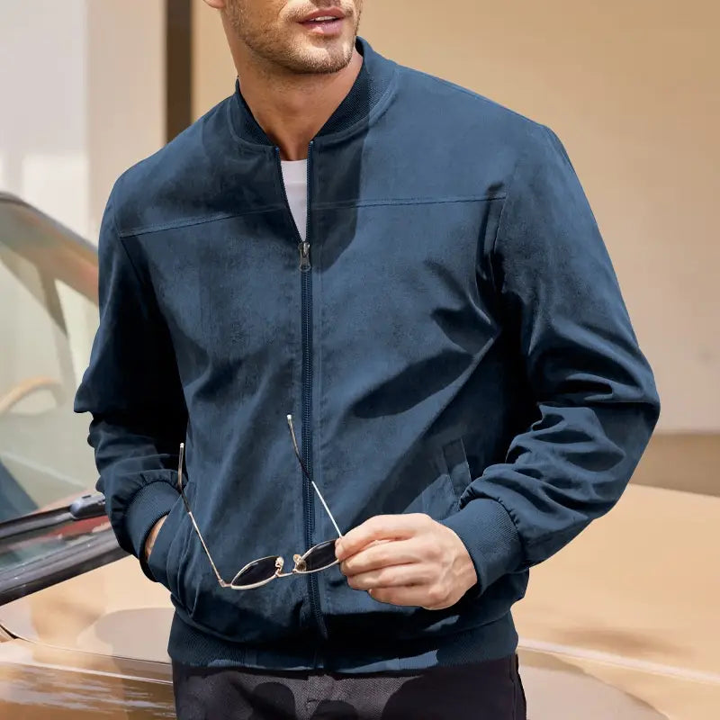 Navy blue men suede casual retro bomber jacket with full-length zipper and ribbed cuffs.