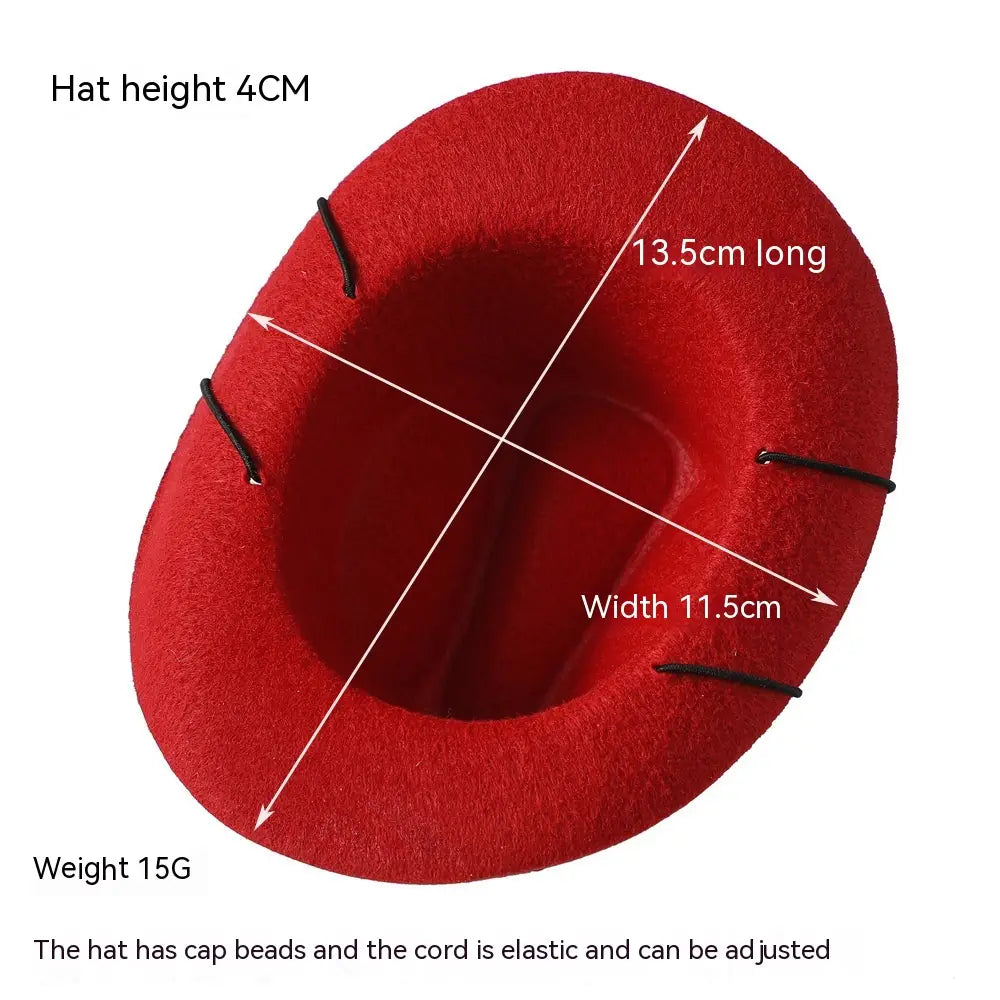 A vibrant red felt pet cowboy hat costume for dogs and cats with a soft plush texture and black elastic cord for adjustable sizing.