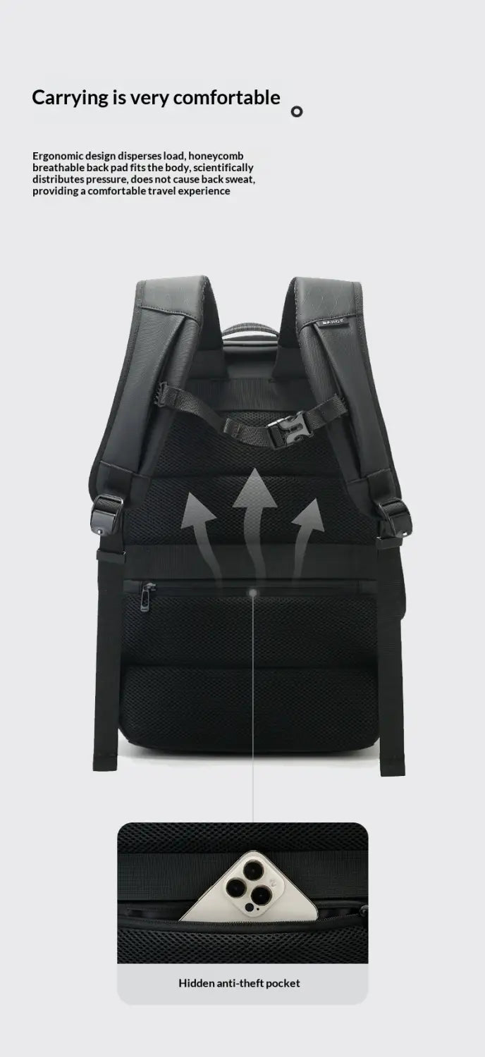 Black business commuter backpack showing the back side with ergonomic design, breathable back pad, and hidden anti-theft pocket for secure storage.