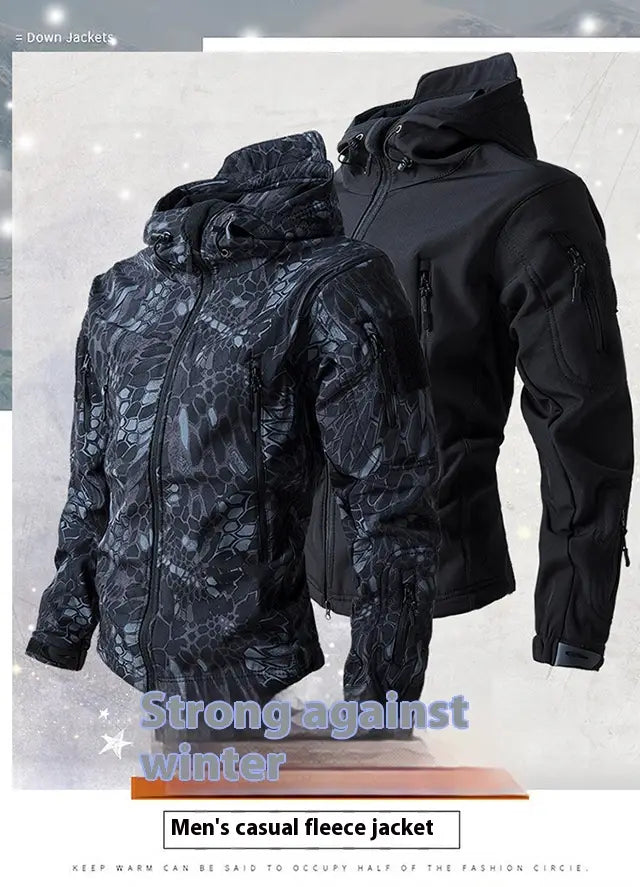 Men’s waterproof tactical fleece soft shell jacket in black and dark gray camouflage pattern featuring a hood, front zipper closure, and multiple zippered pockets designed for casual outdoor use.