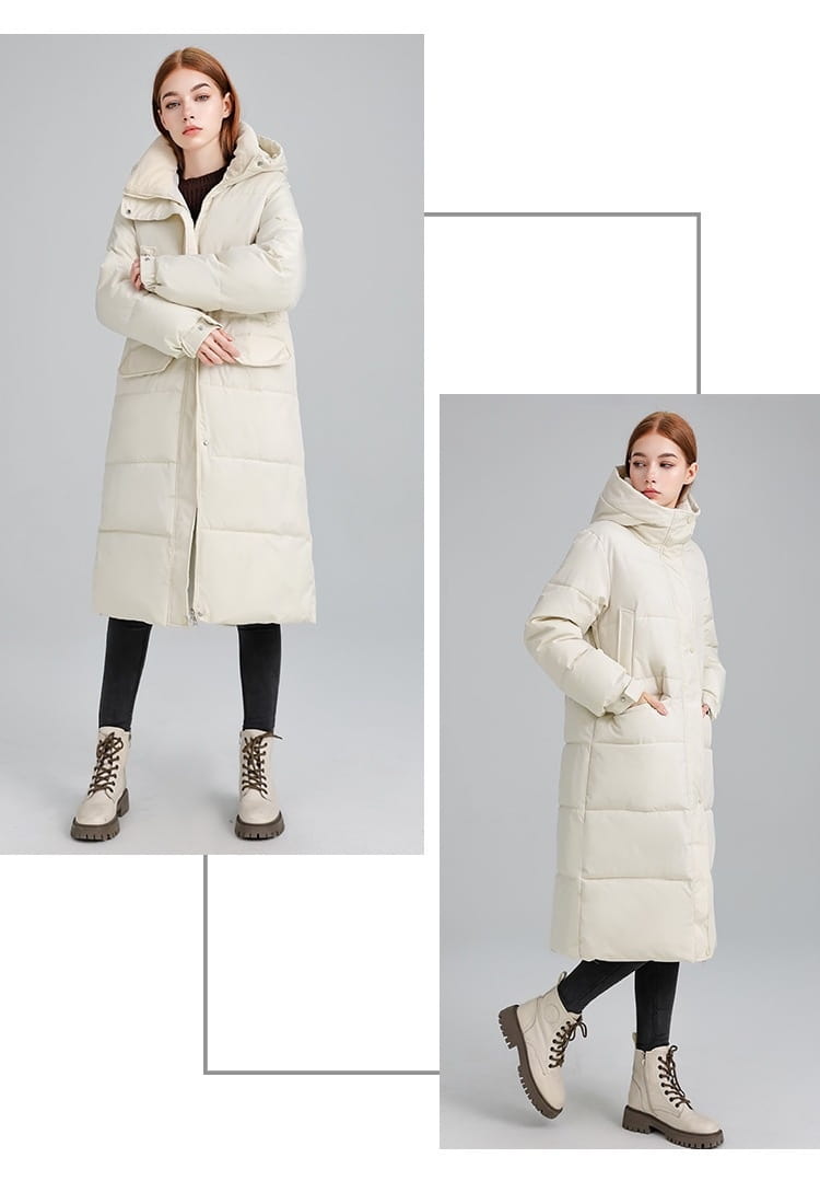 Manteau long matelassé à capuche pour femmes de couleur crème, en doudoune matelassée, avec une fermeture éclair à l’avant pour la chaleur et le style.