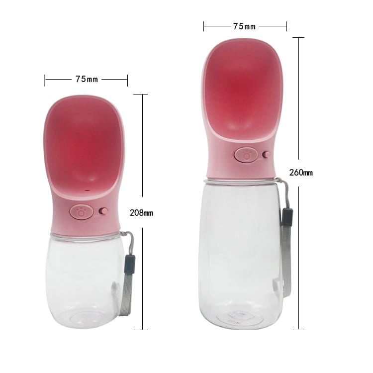 Pink silicone pet water bottle with clear plastic body and gray strap designed as a portable outdoor leakproof cup.