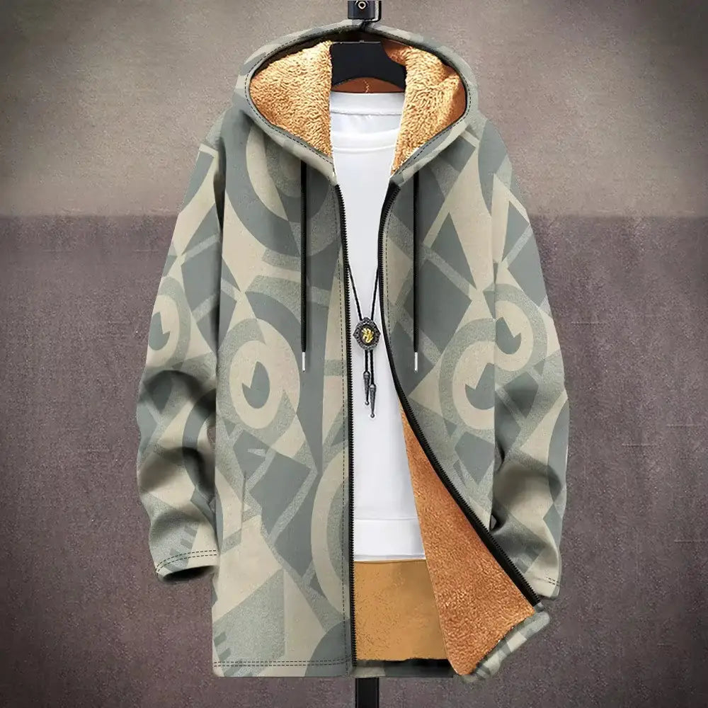 A geometric fleece hooded trench coat in gray and beige with a zip-up front and plush tan fleece lining.