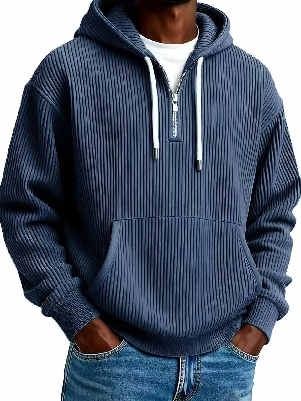 Navy blue ribbed corduroy half zip pullover hoodie for men featuring a white zipper and drawstrings made of knit fabric.