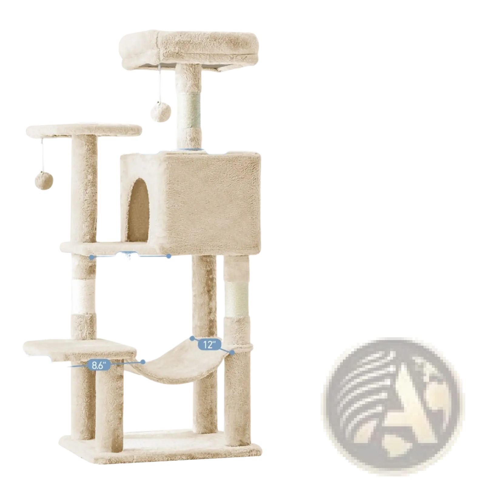 Beige 44 inch multi-level cat tree tower with sisal scratching posts, platforms, and a hammock for cats