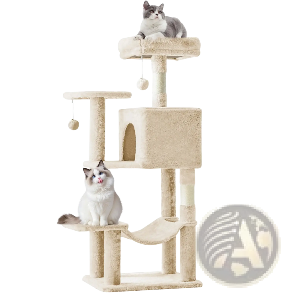 Beige 44 inch multi-level cat tree tower with soft carpeted platforms hanging hammock sisal posts and dangling toys