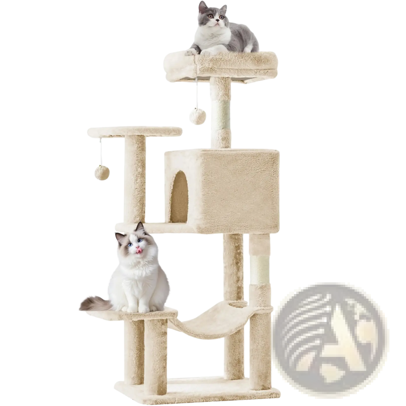 Beige 44 inch multi-level cat tree tower with soft carpeted platforms hanging hammock sisal posts and dangling toys