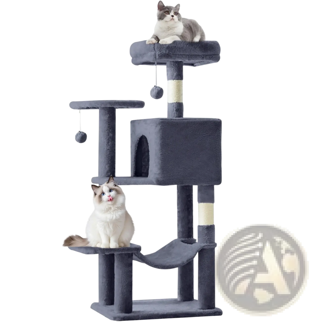 Dark gray plush 44 inch multi-level cat tree tower with sisal scratching posts and hanging balls for cats