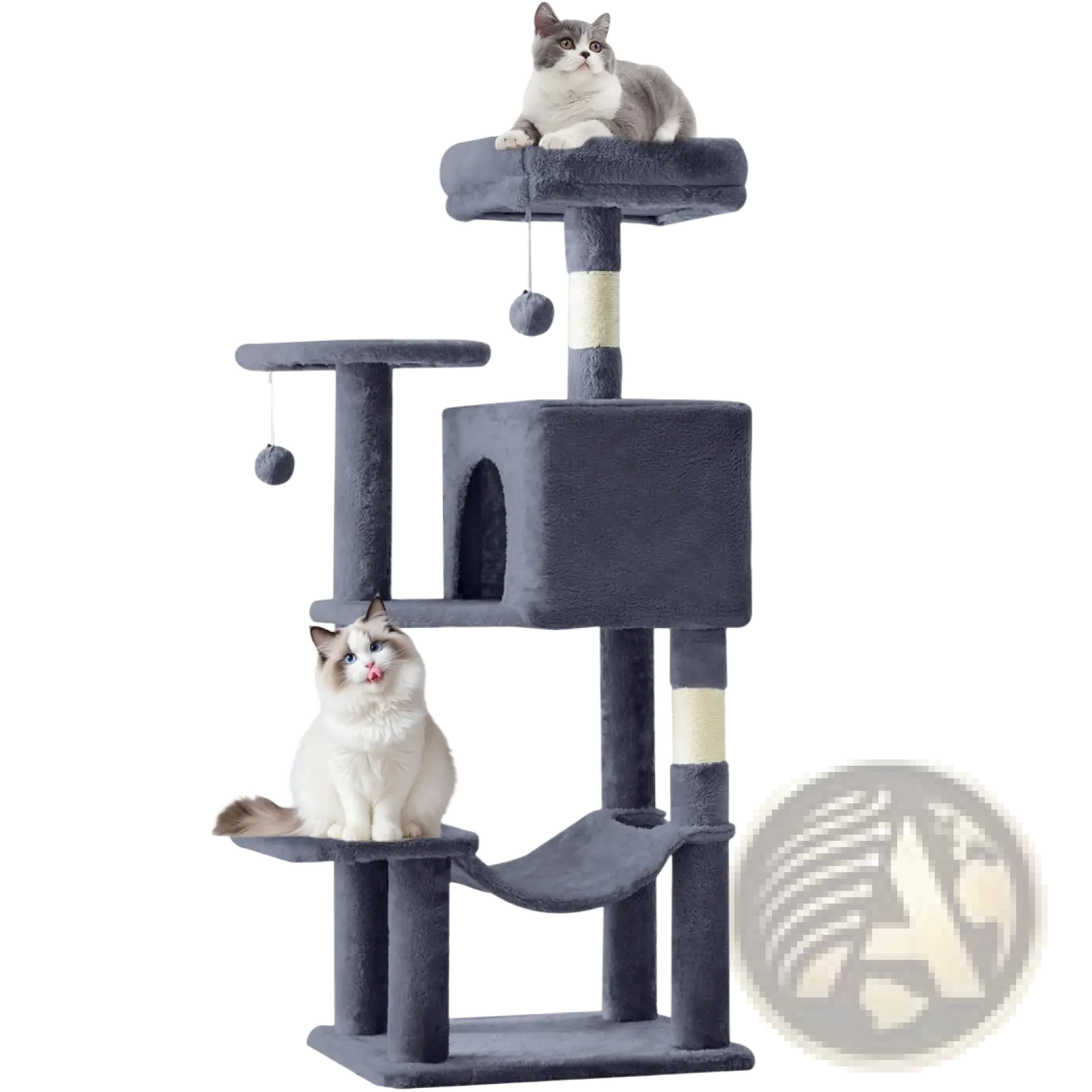 Dark gray plush 44 inch multi-level cat tree tower with sisal scratching posts and hanging balls for cats