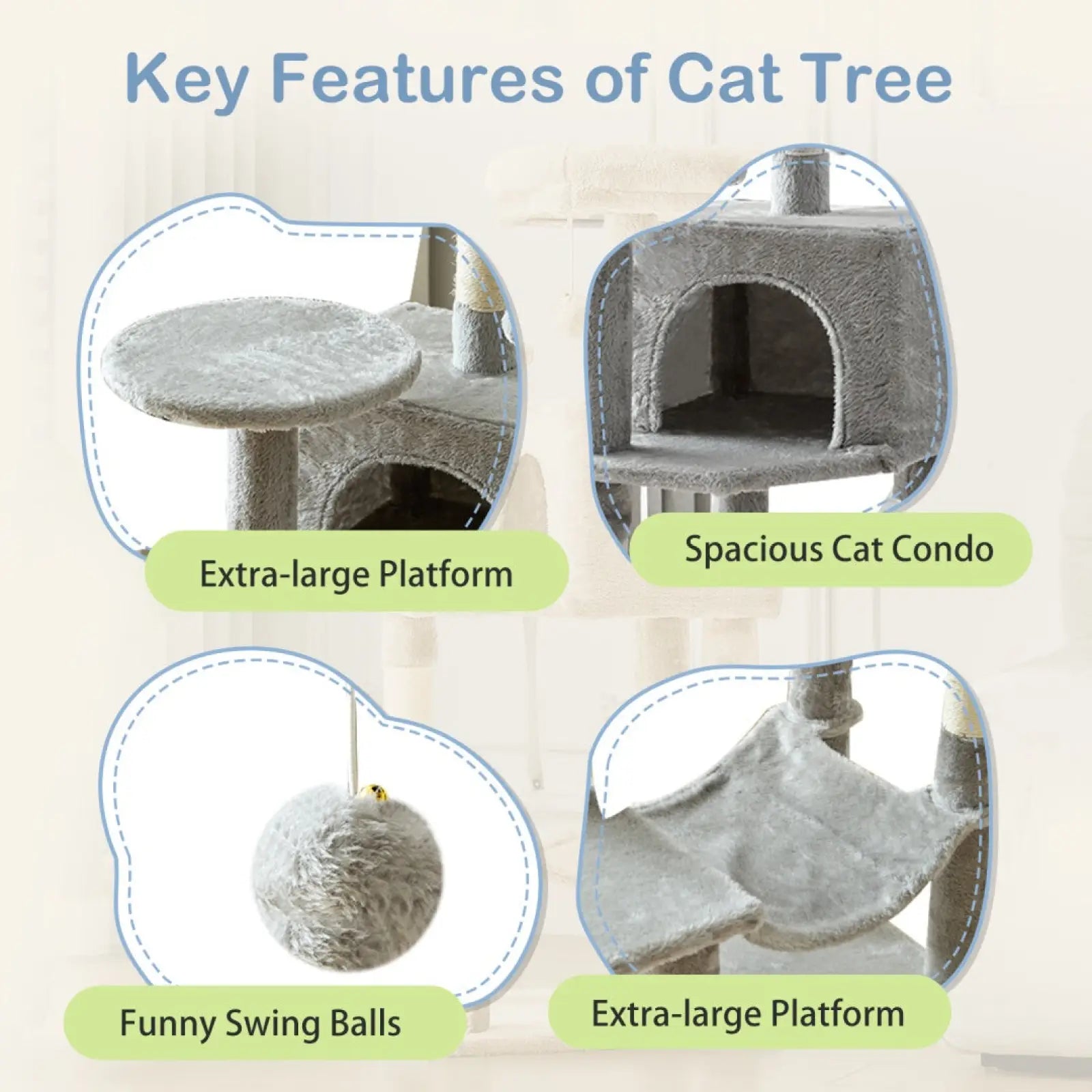 44 inch gray plush cat tree tower with spacious condo, extra-large platforms, hanging swing balls, and sisal posts