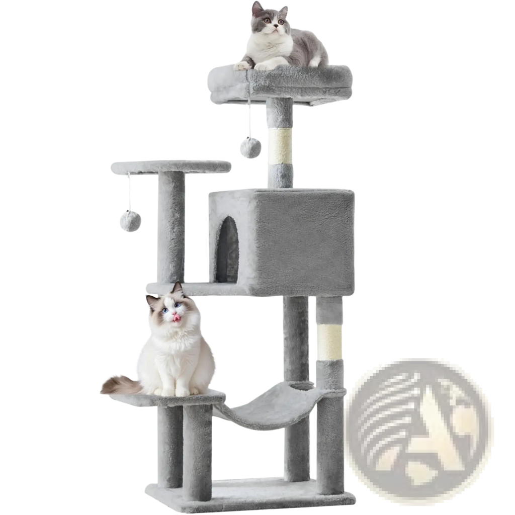 Gray plush 44 inch multi-level cat tree tower with sisal scratching posts and hanging toys for cat entertainment