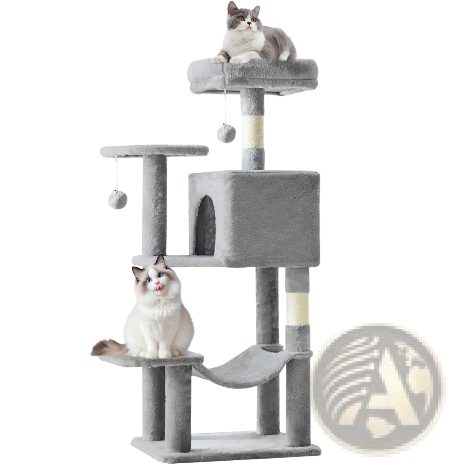 Gray plush 44 inch multi-level cat tree tower with sisal scratching posts and hanging toys for cat entertainment
