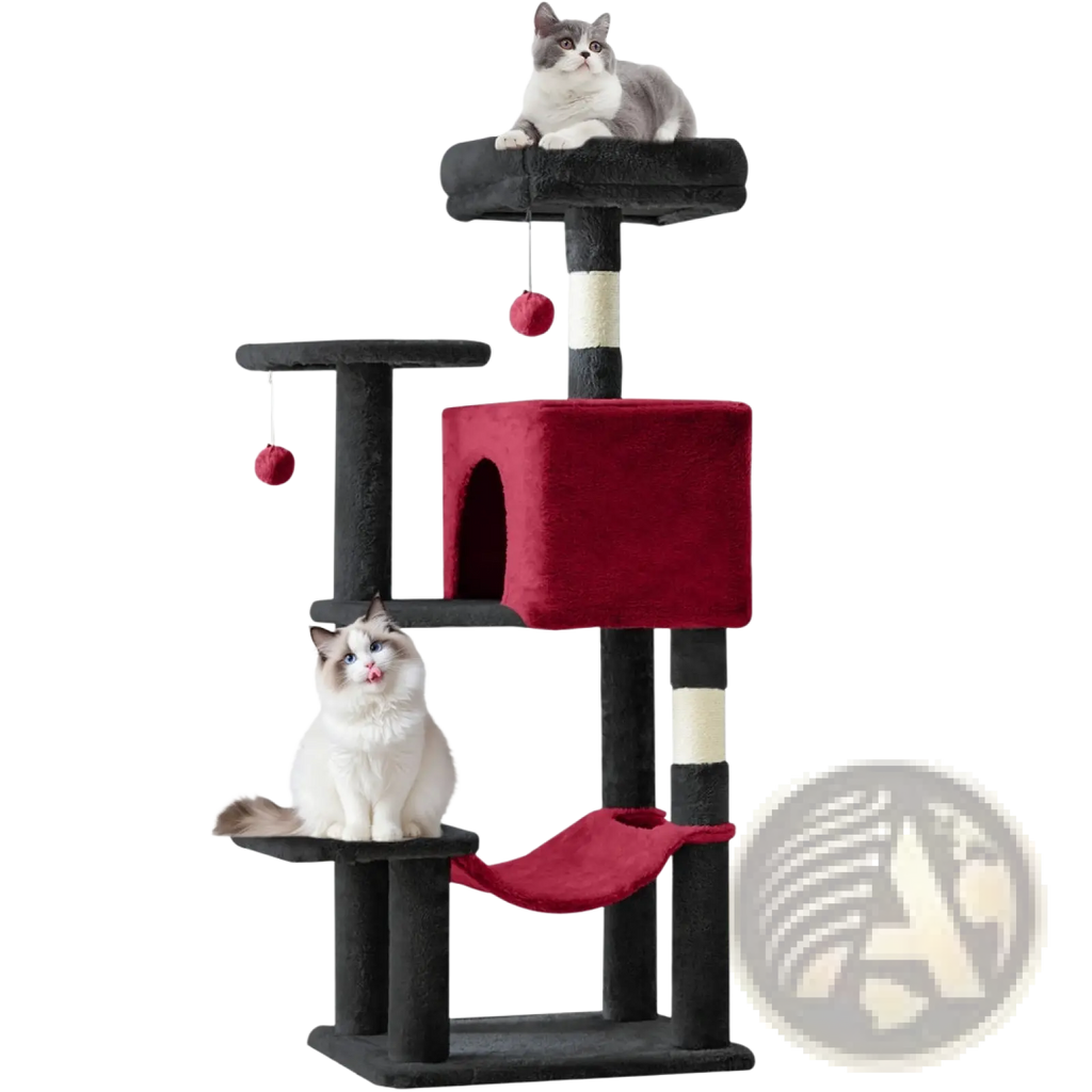 44 inch multi-level red and black cat tree tower with sisal scratching posts hammock and dangling toys