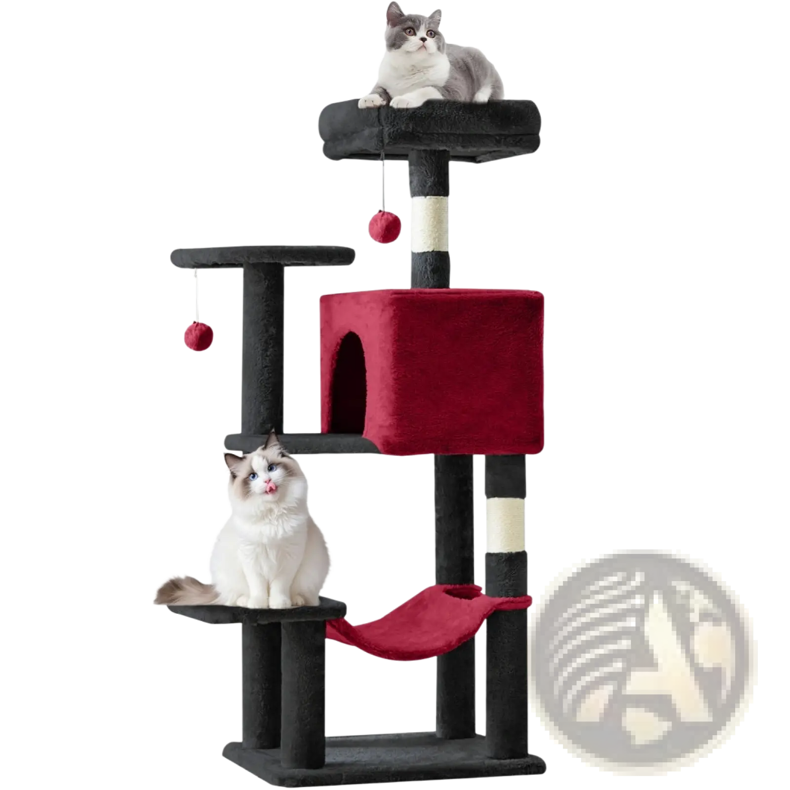 44 inch multi-level red and black cat tree tower with sisal scratching posts hammock and dangling toys