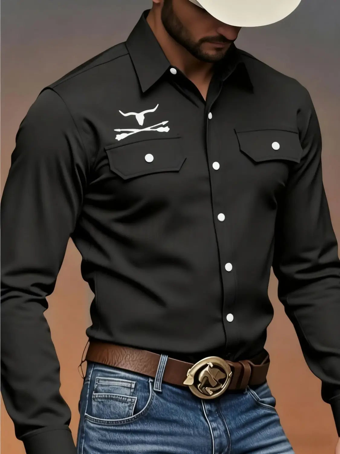 Chemise western décontractée noire pour homme à manches longues, avec taureau crâne brodé blanc et flèches croisées sur la poche de poitrine gauche, ainsi que deux poches avant boutonnées.