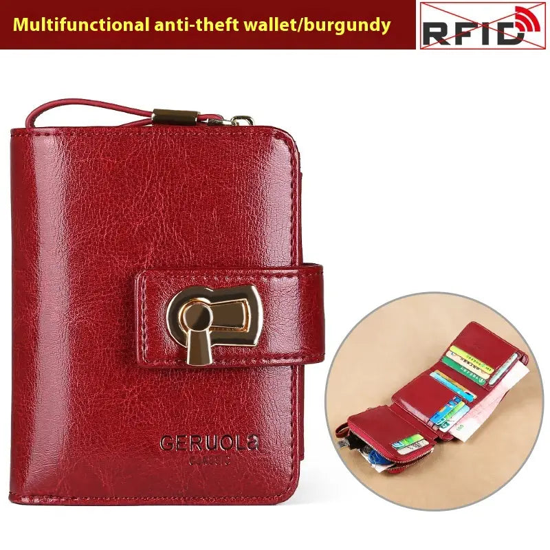 Burgundy leather women’s rfid large capacity buckle wallet with a gold-tone key-shaped clasp and rfid protection.