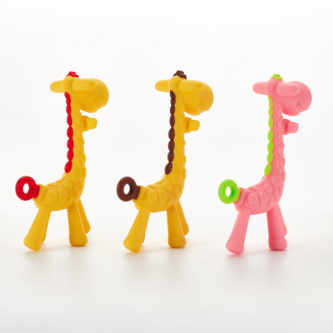 three silicone giraffe baby teether molar toys in yellow pink and brown with colorful braided necks and ringed tails designed for soothing gums