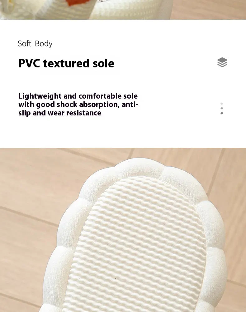 white pvc textured sole with soft cushioned appearance and scalloped edge design on cartoon animal embroidered open toe linen slippers