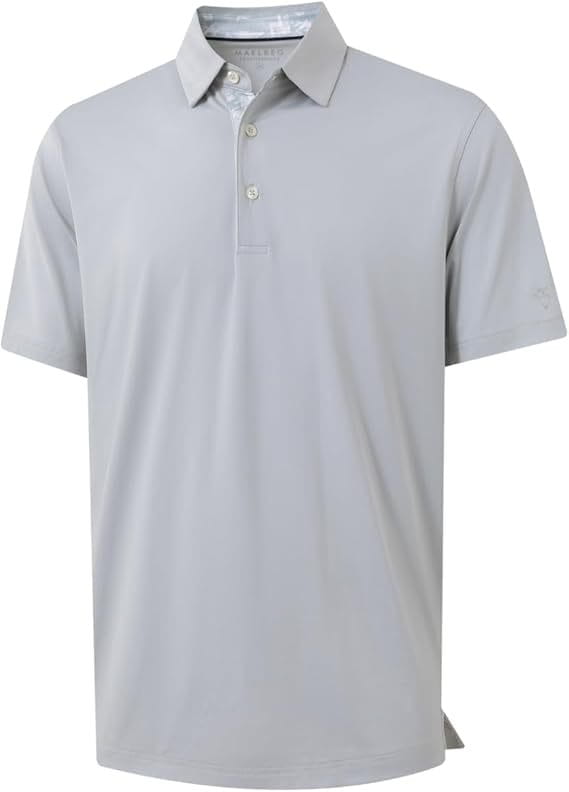 Hellgraues Herren-Golfpolohemd mit kurzen Ärmeln, klassischem Kragen, Knopfleiste; aus schnell trocknendem und atmungsaktivem Stoff.