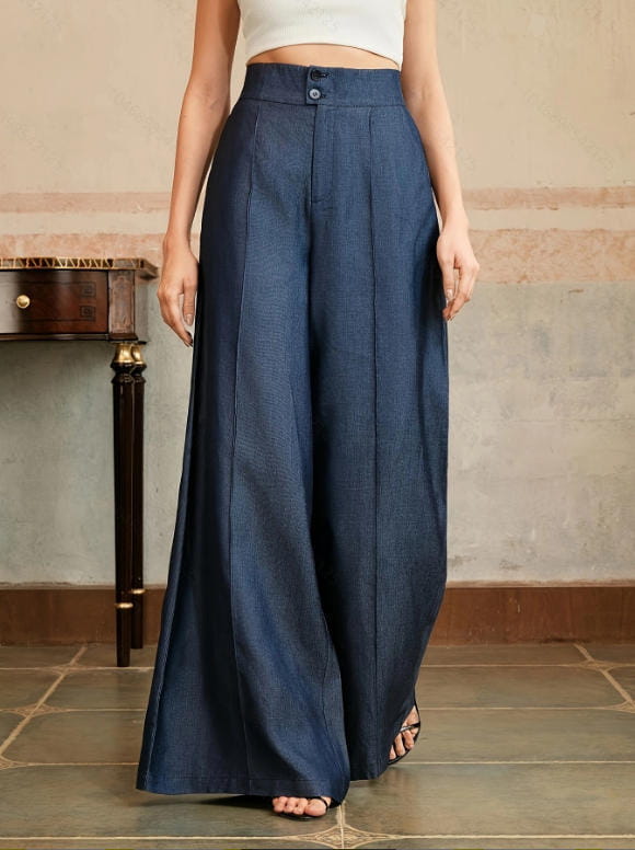 High waisted navy blue wide leg trousers with button closure at the waist made from a soft fabric suitable for formal and casual wear.