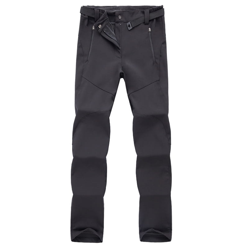 Black waterproof fleece ski pants for men and women featuring reinforced stitching and multiple zippered pockets.