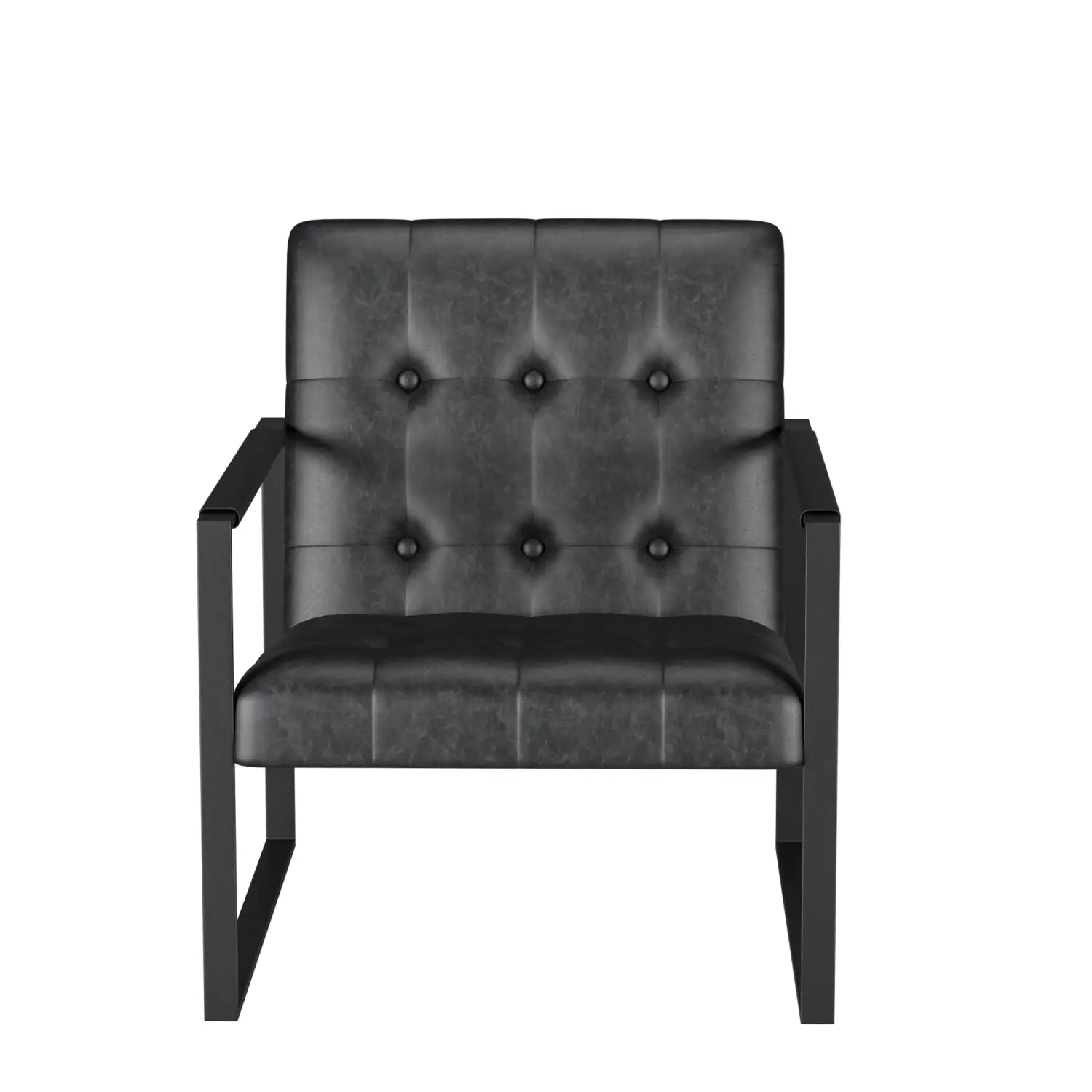 Sillón de acento de cuero negro con capitoné con un marco metálico elegante mostrado desde el lado posterior.