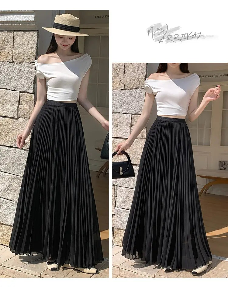 Schwarzer plissierter Chiffon-Maxirock für Damen mit leichtem Material und elegantem Fall.