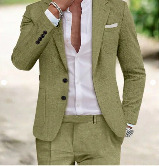 Men casual digital print two piece set featuring an olive green textured wool suit jacket with black buttons and a white pocket square.