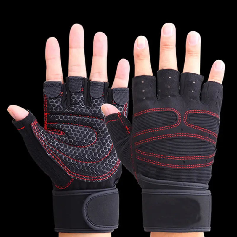 Black and red mesh weightlifting gloves with fingerless design, textured palm, reinforced stitching, and adjustable wrist straps.