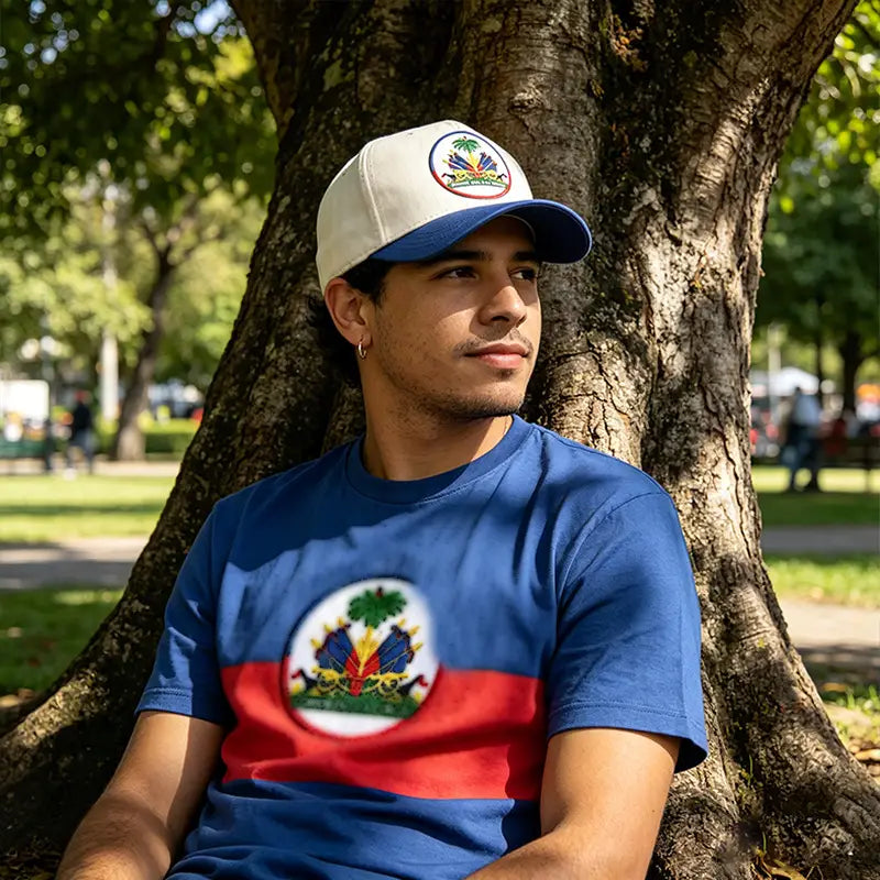 White and blue baseball cap with a circular embroidered patch featuring the national emblem of Haiti designed for sun protection.