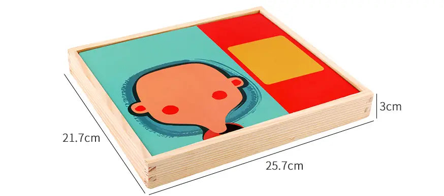 Juguete educativo Montessori de madera con caja de rompecabezas magnética, que presenta una bandeja de rompecabezas de madera con un diseño de carita de dibujos animados en paneles de color azul verdoso y rojo.