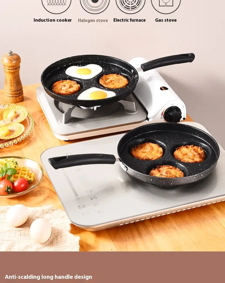 black non-stick heart pancake pan 25cm made of medical stone with three round indentations for cooking eggs and pancakes