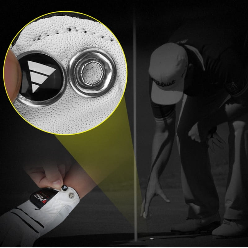 Men genuine leather breathable golf glove in white with a black logo and metallic silver eyelets shown from the back side.