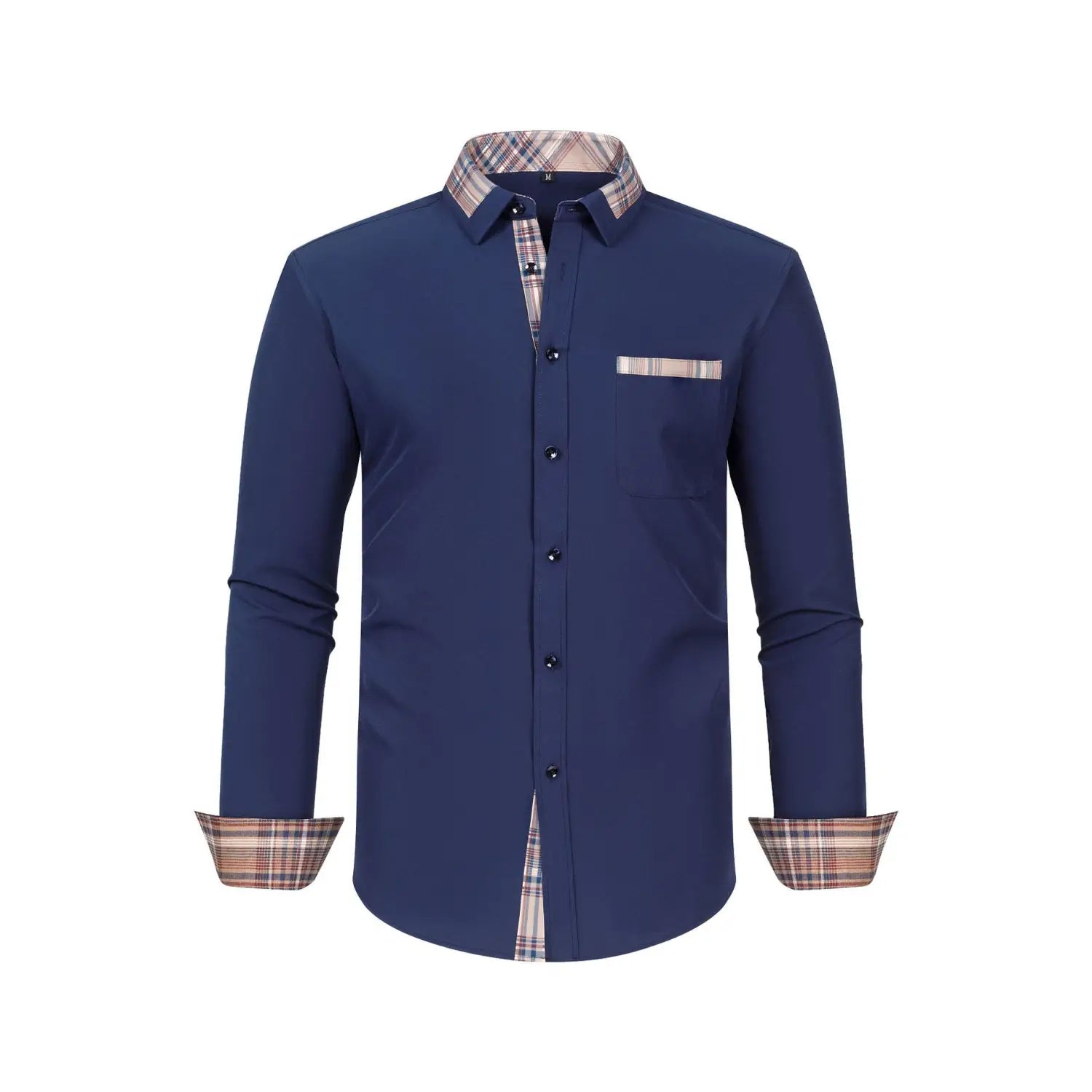 Herren-Anzughemd mit langem Arm in Navyblau mit kontrastierendem Karomuster am Innenkragen, an den Manschetten und in der Tascheninnenausstattung für einen stilvollen, formellen Look.