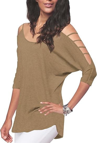 Olive green off-shoulder cut-out top with relaxed flowing silhouette and cut-out straps in lightweight fabric.