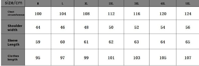 Size chart for men double breasted wool overcoat mid length coat showing garment measurements in centimeters from size s to 5xl.