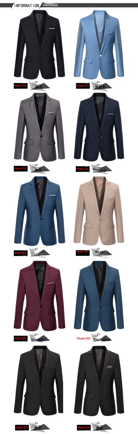 Eine Kollektion von Herren-Slim-Fit-Fuchsia-Freizeitblazern in verschiedenen einfarbigen Farben, darunter Schwarz, Blau, Grau, Marineblau, Beige und Burgunder, für einen modernen Look.