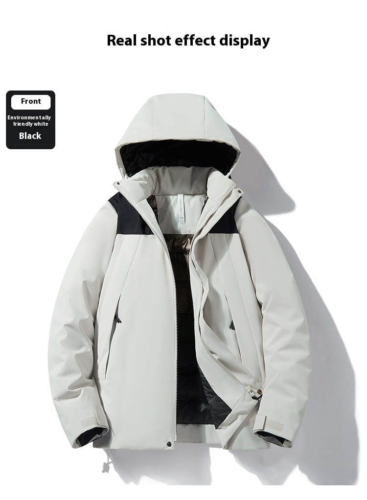 A sleek two-tone windproof waterproof puffer jacket with a light gray exterior and black accents on the hood lining shoulder panels and zipper pulls.