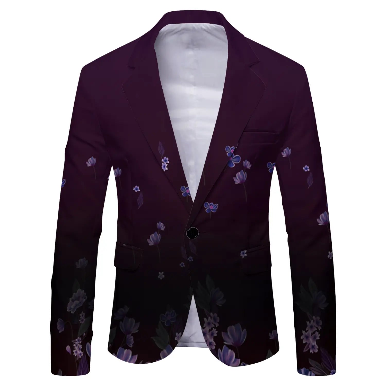 Mens slim fit casual blazer british style suit in dark purple with a subtle floral pattern in lighter purples and blues featuring a single black button closure.