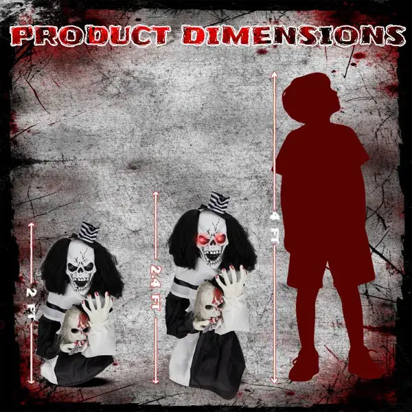 Two halloween-themed animatronic figures dressed in black-and-white striped outfits with long dark hair, glowing red eyes, and skeletal faces featured in a scary clown halloween decoration sound activated 1.8ft product.