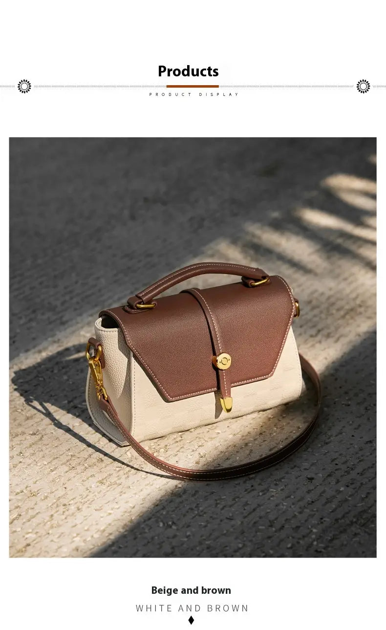 Beige- und braune zweifarbige Webleder-Crossbody-Handtasche mit klarer, strukturierter Gestaltung und goldtönigen Beschlägen.