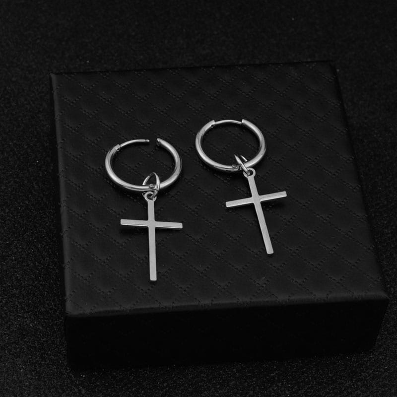silver minimalist stainless steel cross hoop earrings featuring a dangle design