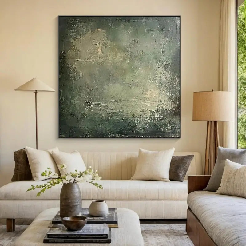 Eine große grüne geometrische abstrakte Wabi-Sabi-Leinwand-Wandkunst zeigt eine strukturierte, geschichtete Pinselstrichtextur in gedämpften Grüntönen und Grautönen, die an der Wand hängt.