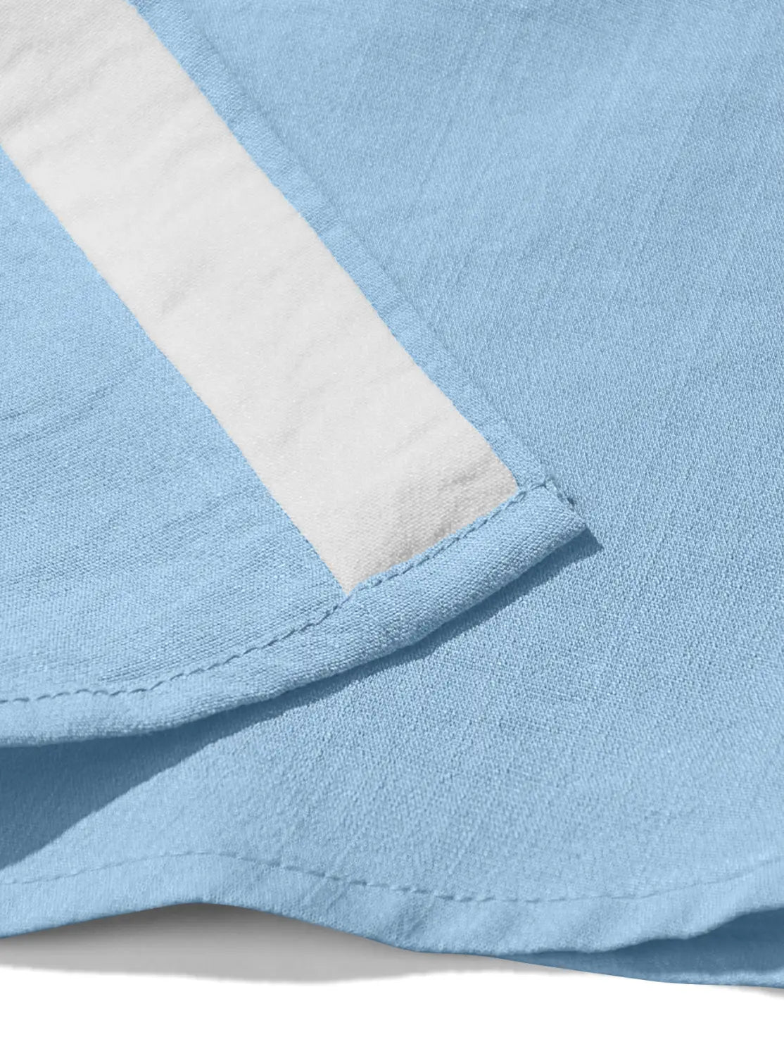 men’s textured bamboo linen short sleeve button down shirt in light blue cotton fabric with white stripe detail