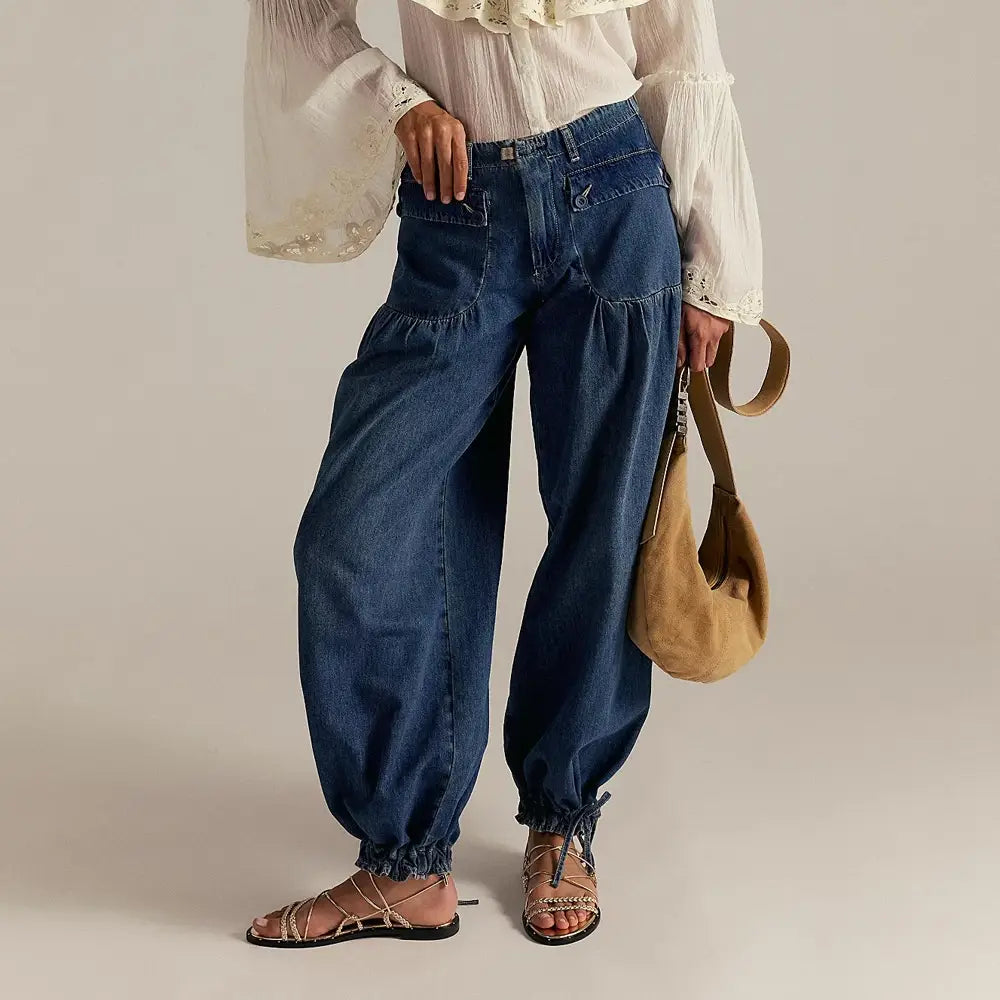 Jeans casual droits à taille mi-basse ample pour femmes à taille haute, en denim bleu foncé, avec coupe détendue et poignets froncés