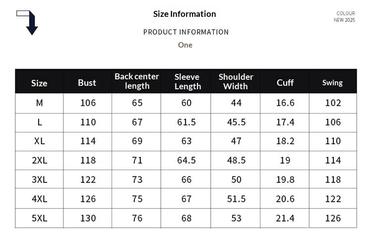 size information chart for a quilted fleece stand collar sports jacket displaying garment measurements in centimeters for sizes from m to 5xl.